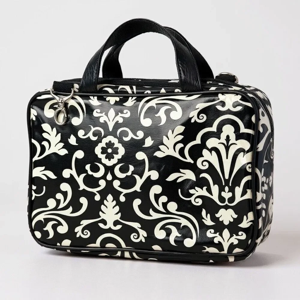 Elegant Noir Floral Cosmetic Organizer – Multi-Pocket Travel Case